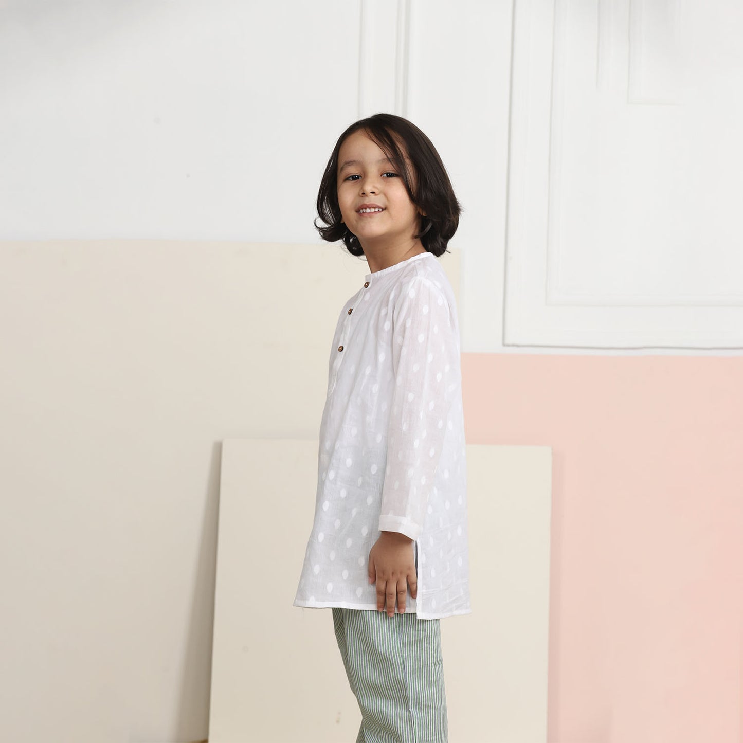Unisex Grandpa Kurta Set - White with Green Striped Pajamas