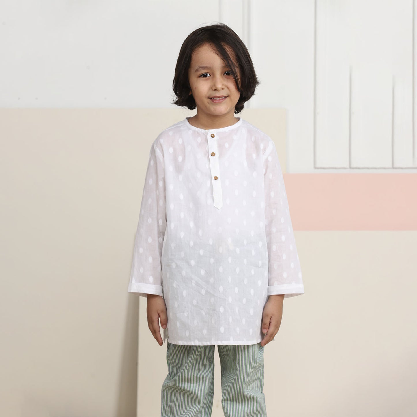 Unisex Grandpa Kurta Set - White with Green Striped Pajamas