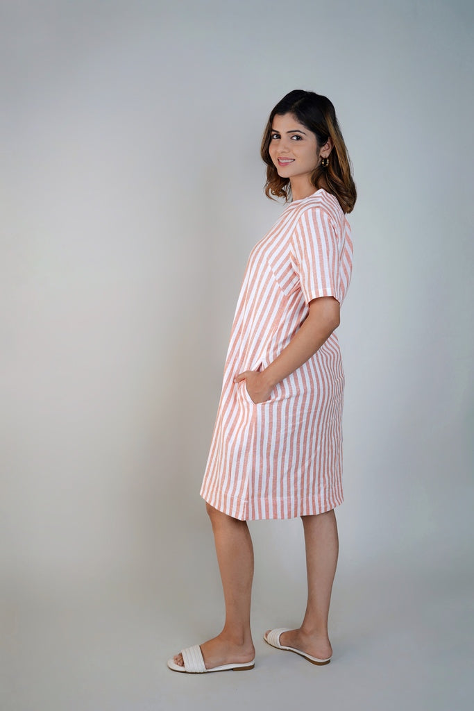 White & Orange Striped Linen A-Line Dress for Women