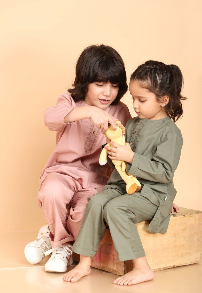 Unisex Grandpa Kurta Set with Hand-Embroidered Neckline