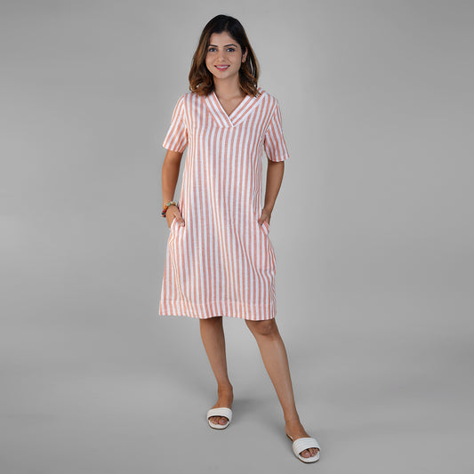 White & Orange Striped Linen A-Line Dress for Women