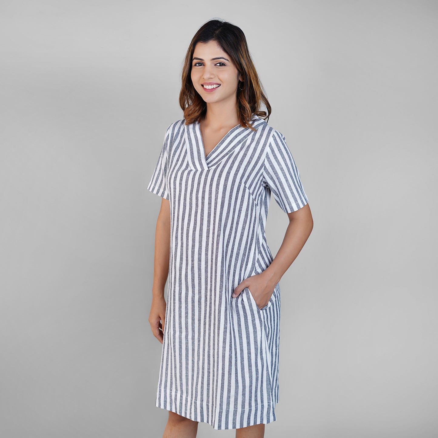 White & Grey Striped Linen A-Line Dress for Women