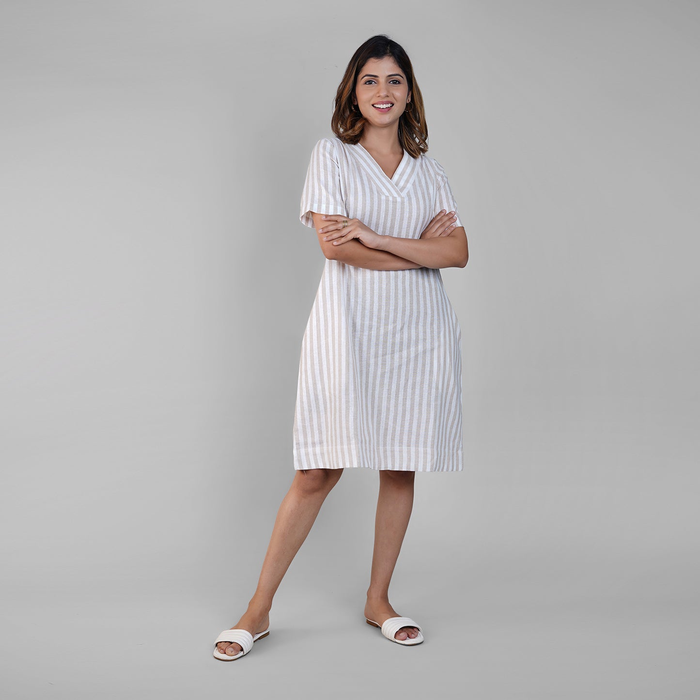 White & Beige Striped Linen A-Line Dress for Women
