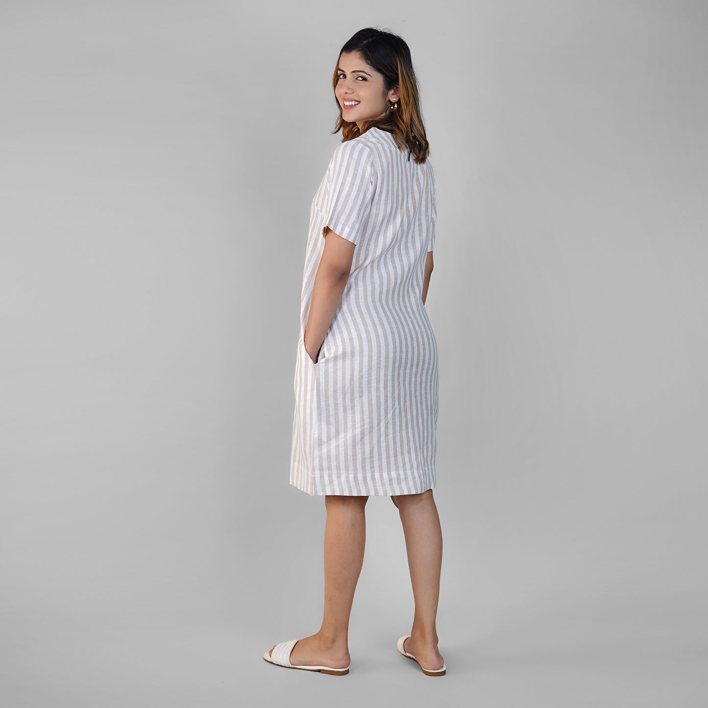 White & Beige Striped Linen A-Line Dress for Women