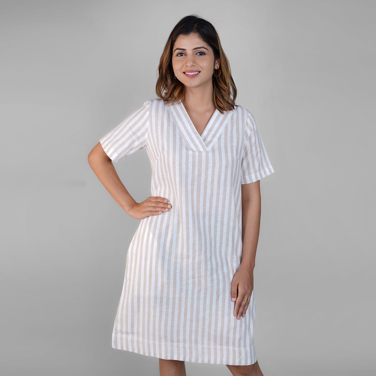 White & Beige Striped Linen A-Line Dress for Women