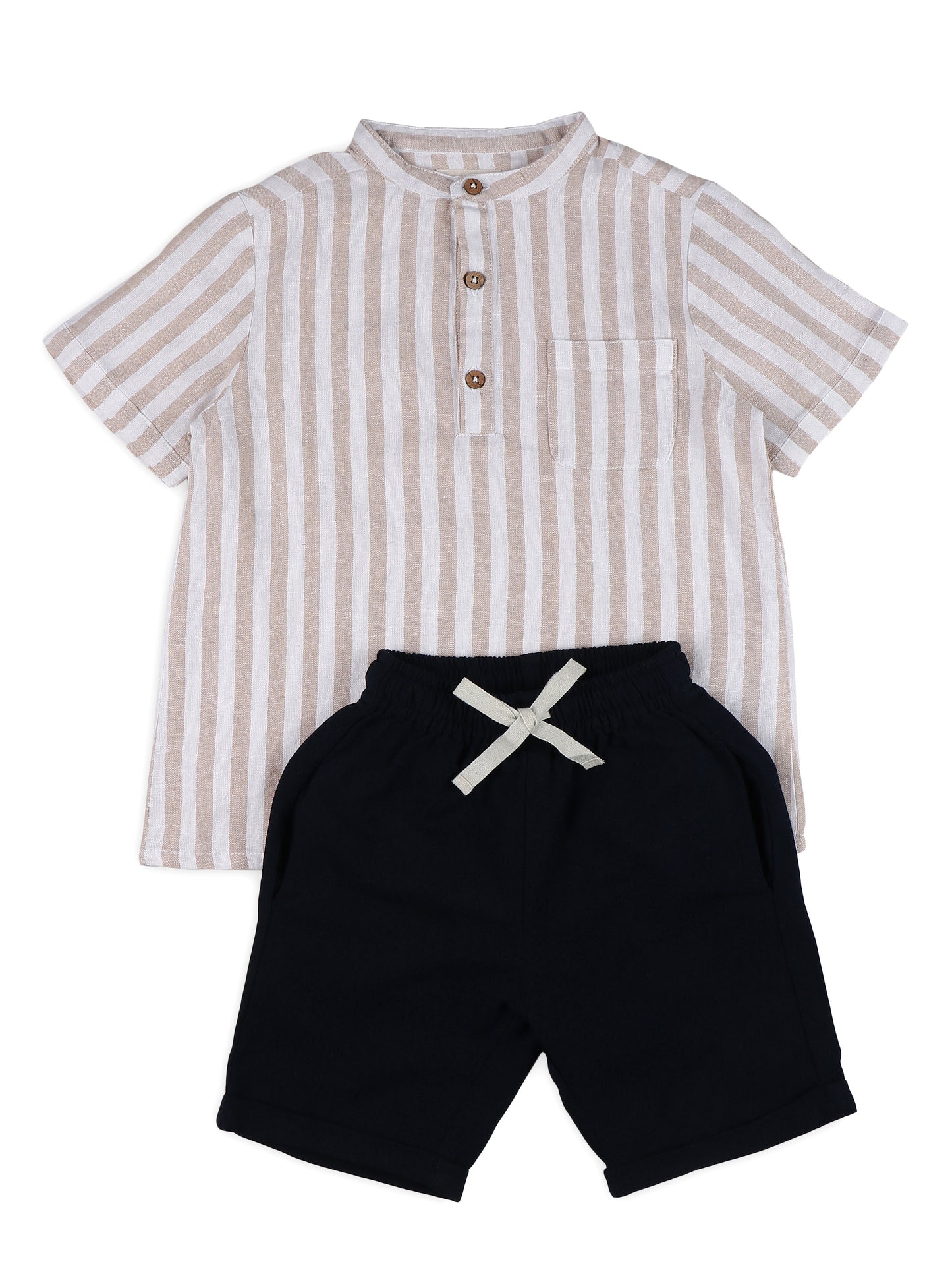 Mandarin Style Linen Clothing Sets for Boys- Beige & Navy