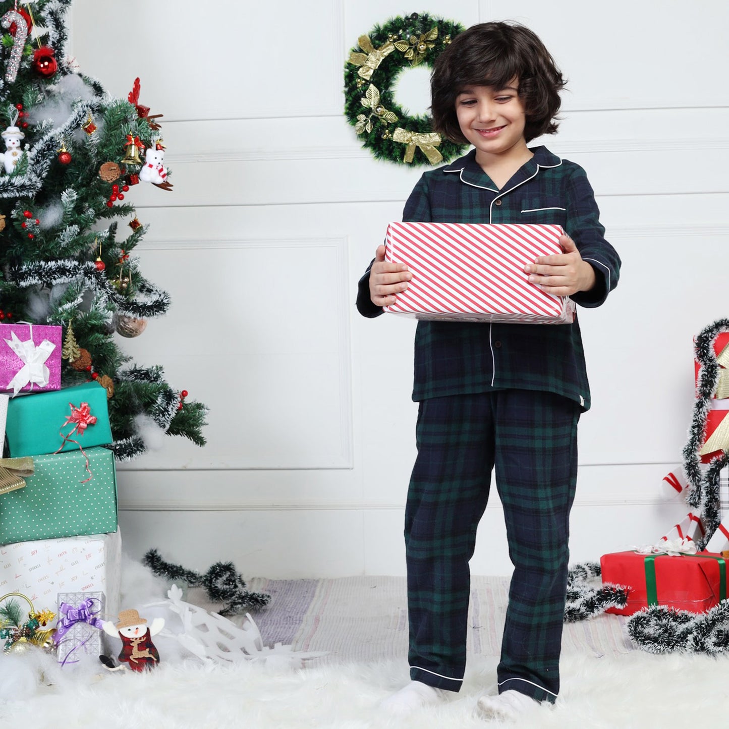 Classic Christmas Green Plaid PJ Set for Girls & Boys