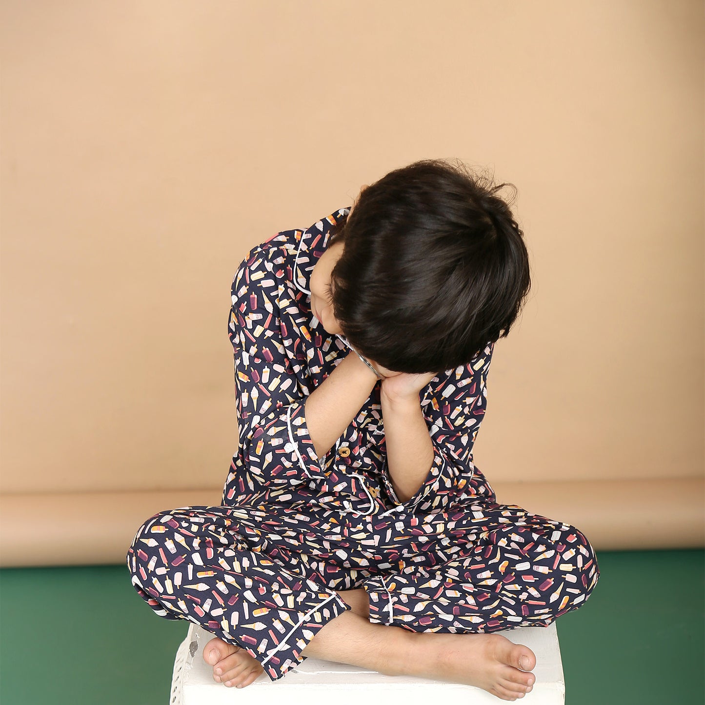 Notched Collared Night Suit in Icecream Print for Girls & Boys
