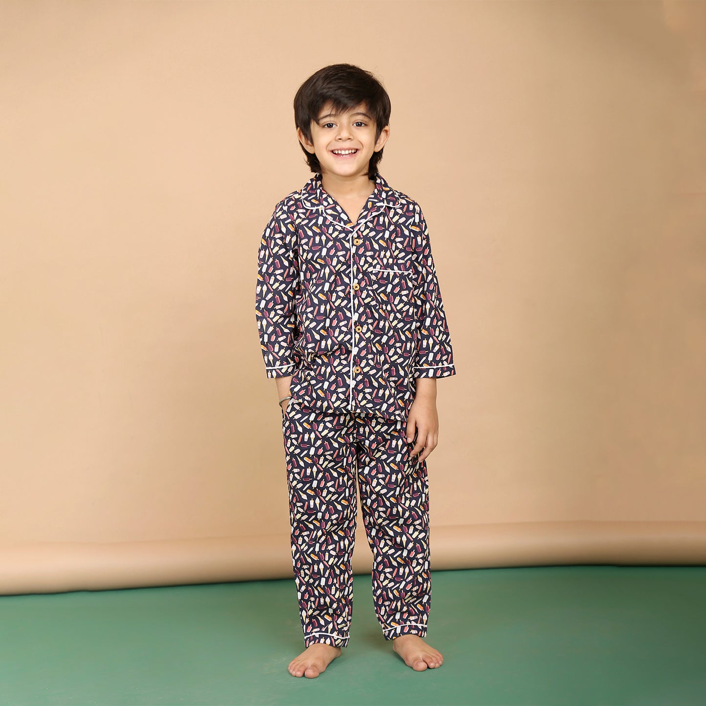 Notched Collared Night Suit in Icecream Print for Girls & Boys