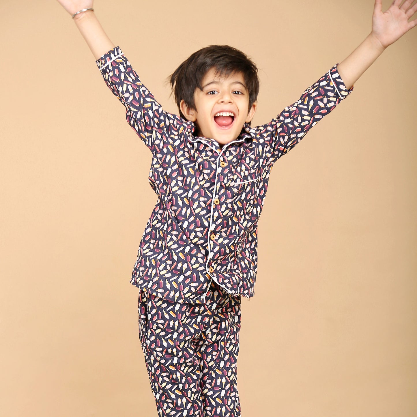 Notched Collared Night Suit in Icecream Print for Girls & Boys