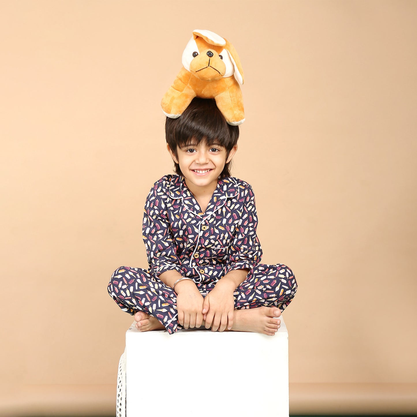 Notched Collared Night Suit in Icecream Print for Girls & Boys