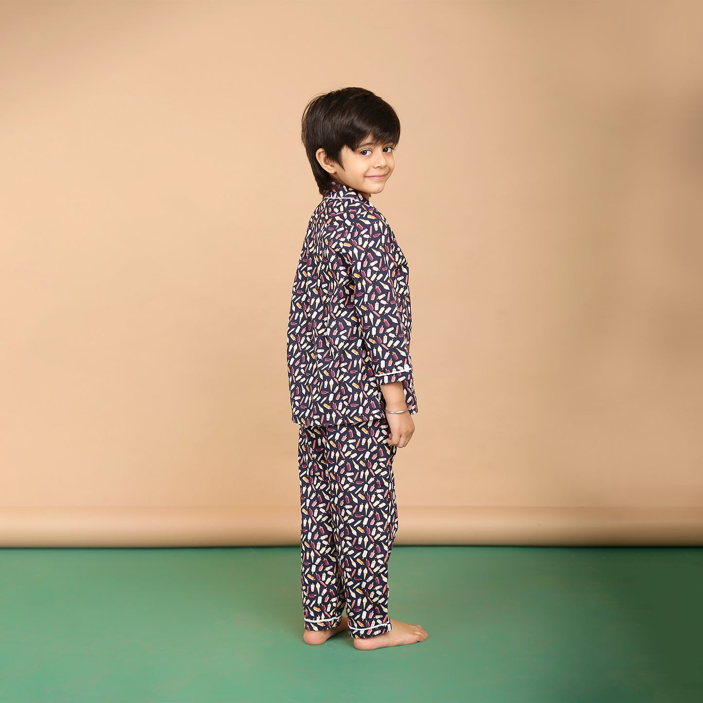 Notched Collared Night Suit in Icecream Print for Girls & Boys