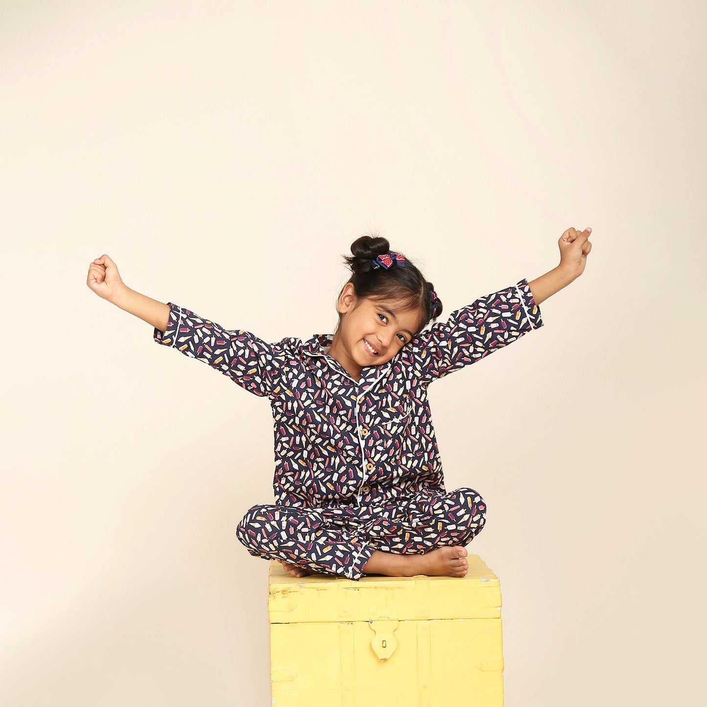 Notched Collared Night Suit in Icecream Print for Girls & Boys