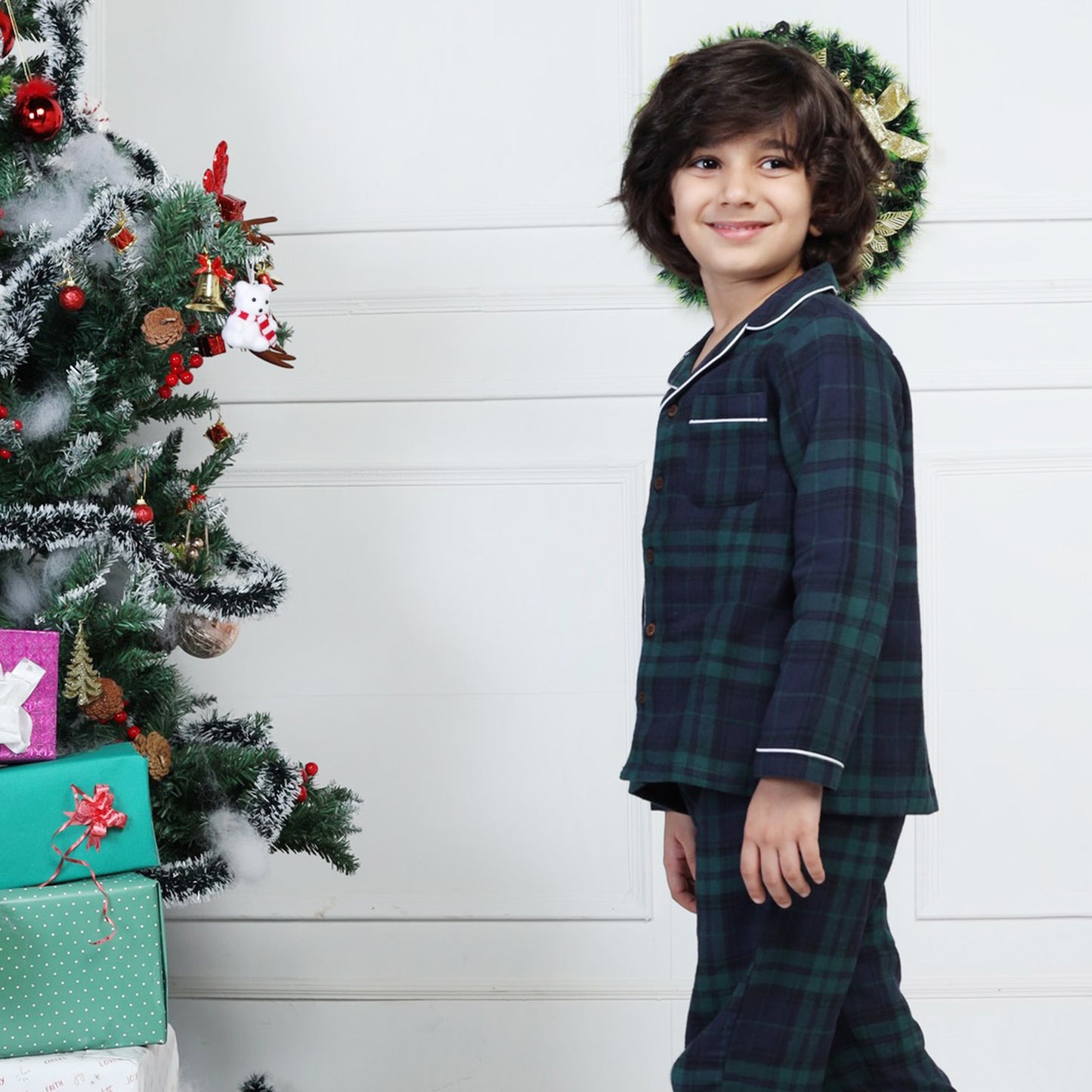 Classic Christmas Green Plaid PJ Set for Girls & Boys