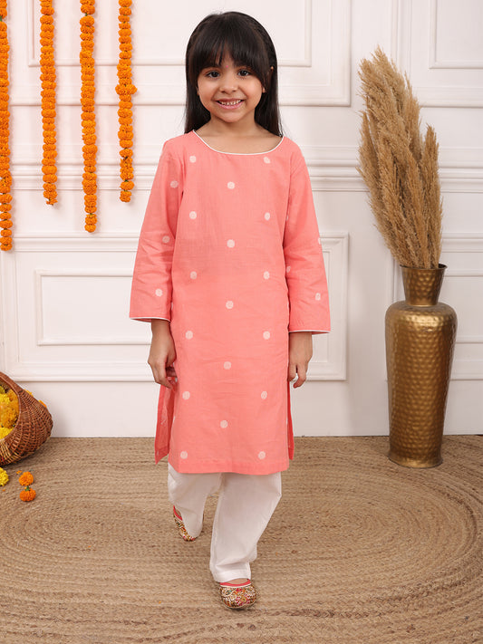Girls Printed Full Sleeves Kurta Set-Pink