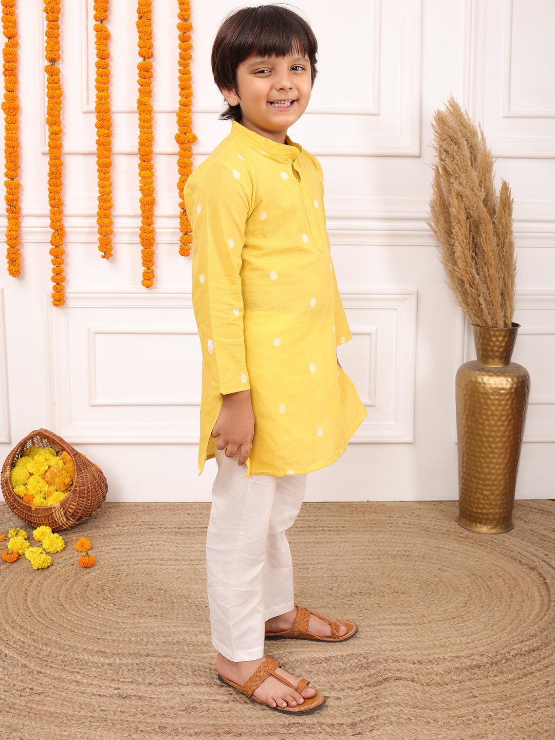 Boys Printed Full Sleeves Kurta Set-Yellow