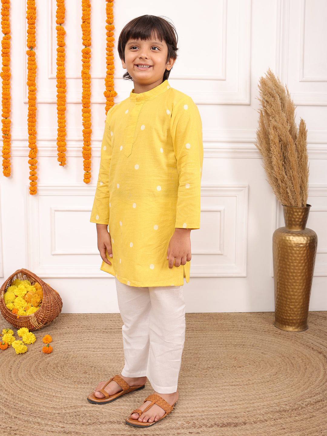 Boys Printed Full Sleeves Kurta Set-Yellow