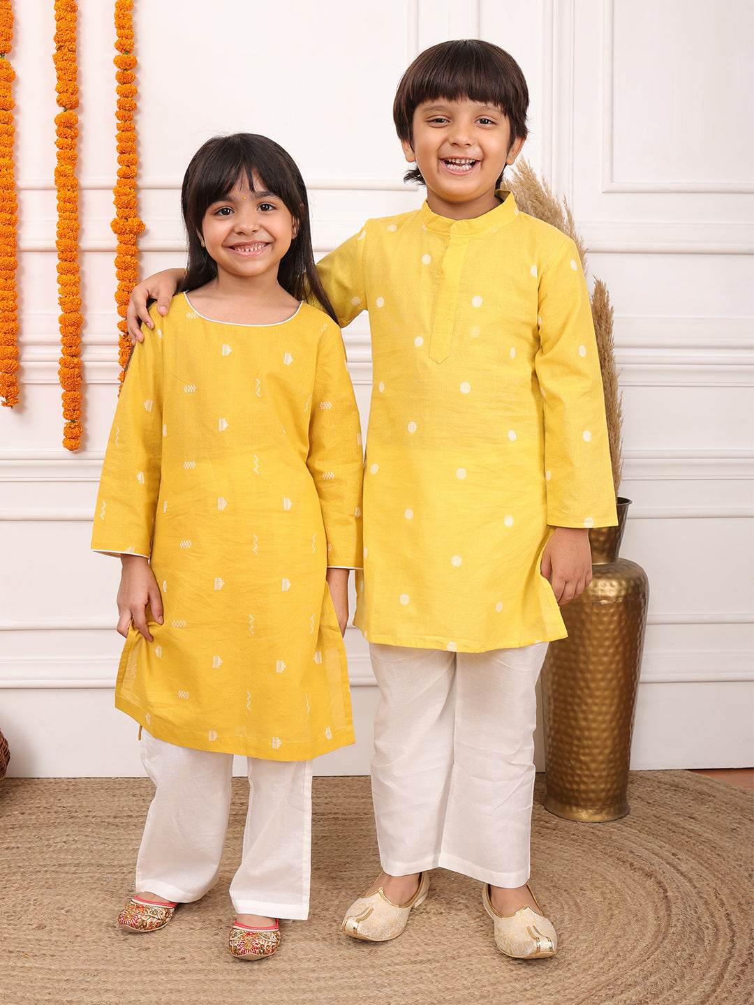 Boys Printed Full Sleeves Kurta Set-Yellow