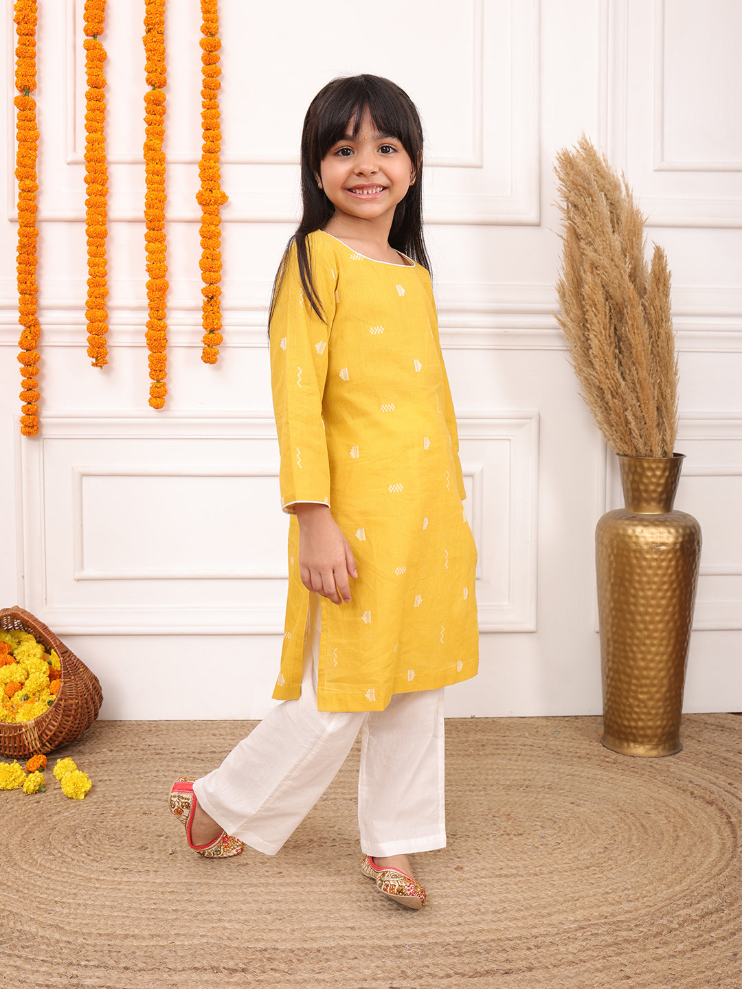 Girls Printed Full Sleeves Kurta Set-Dark Yellow