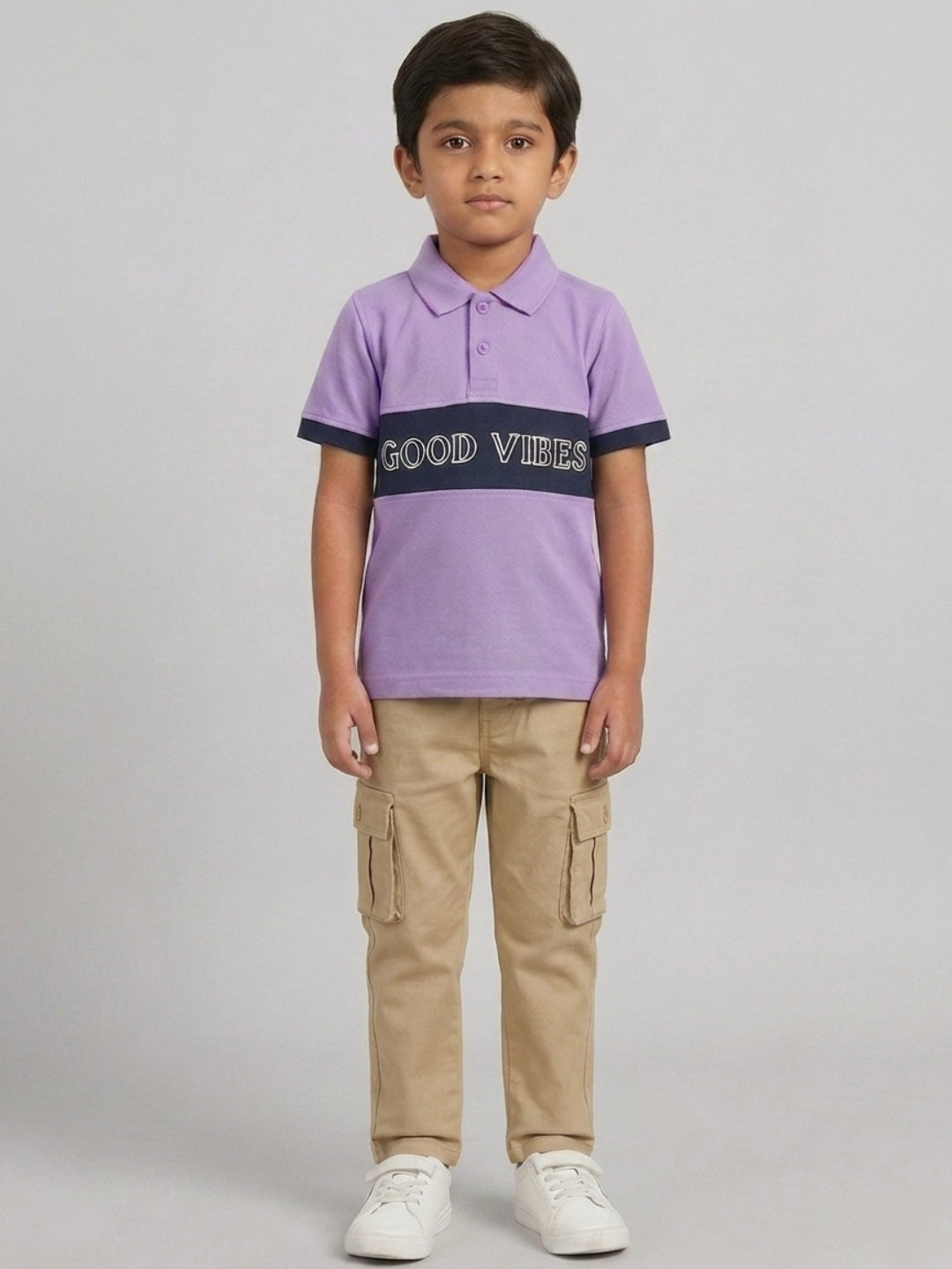 Boys Pure Cotton Lavender & Navy Color Pique Polo T Shirt with Good Vibes design Print