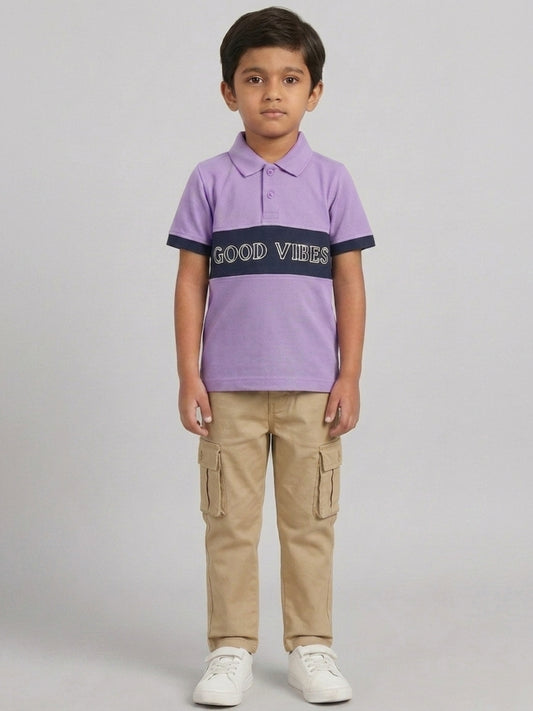 Boys Pure Cotton Lavender & Navy Color Pique Polo T Shirt with Good Vibes design Print