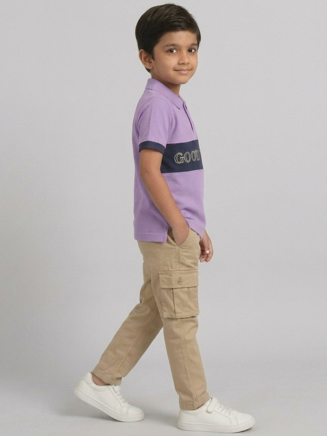 Boys Pure Cotton Lavender & Navy Color Pique Polo T Shirt with Good Vibes design Print