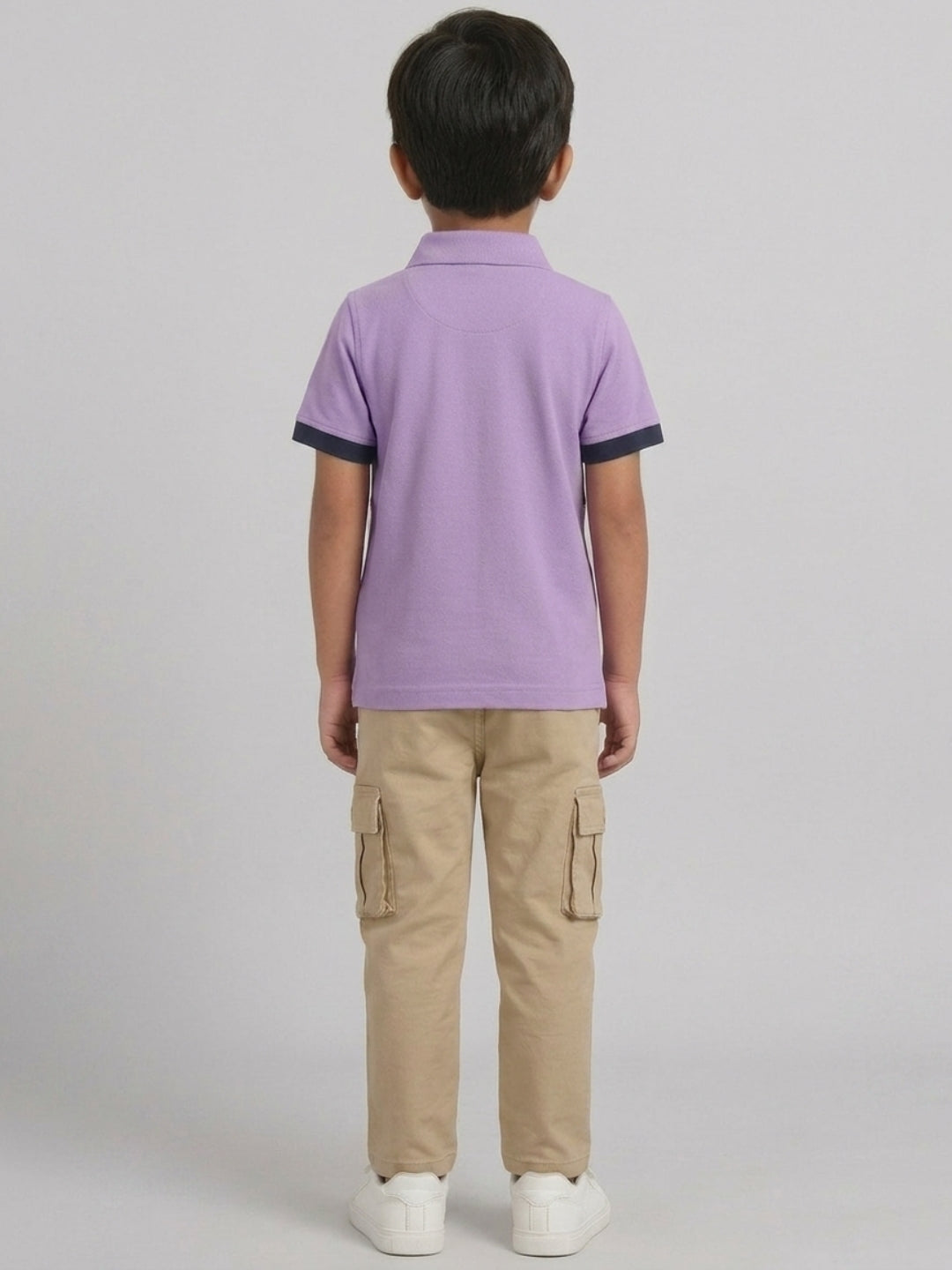 Boys Pure Cotton Lavender & Navy Color Pique Polo T Shirt with Good Vibes design Print