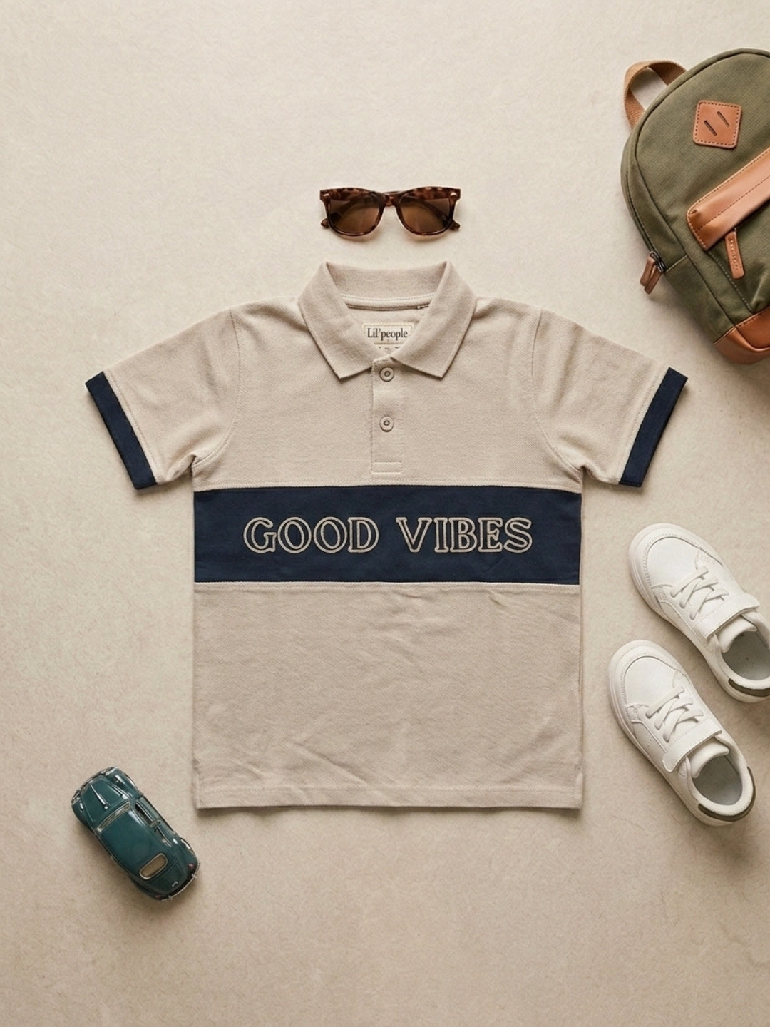 Boys Pure Cotton Peach & Navy Color Pique Polo T Shirt with Good Vibes design Print
