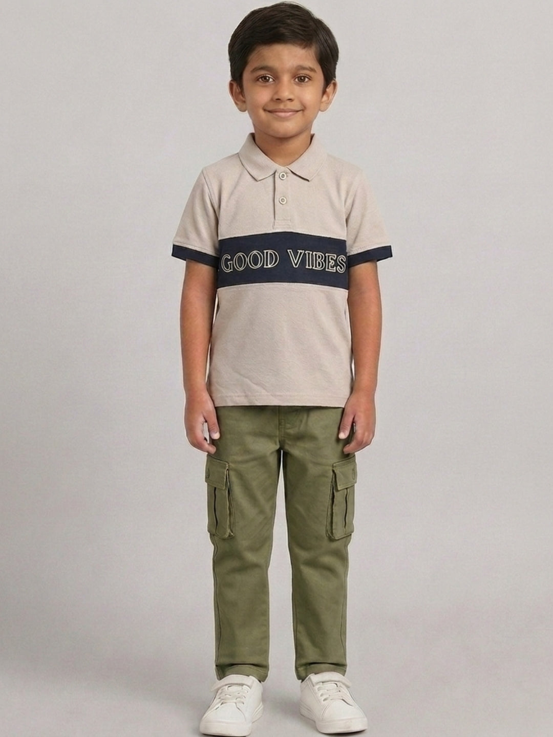 Boys Pure Cotton Peach & Navy Color Pique Polo T Shirt with Good Vibes design Print