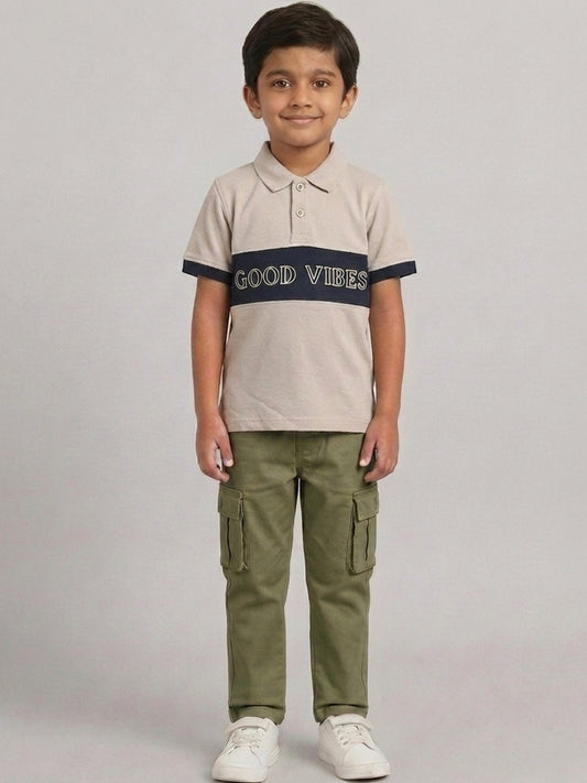 Boys Pure Cotton Peach & Navy Color Pique Polo T Shirt with Good Vibes design Print