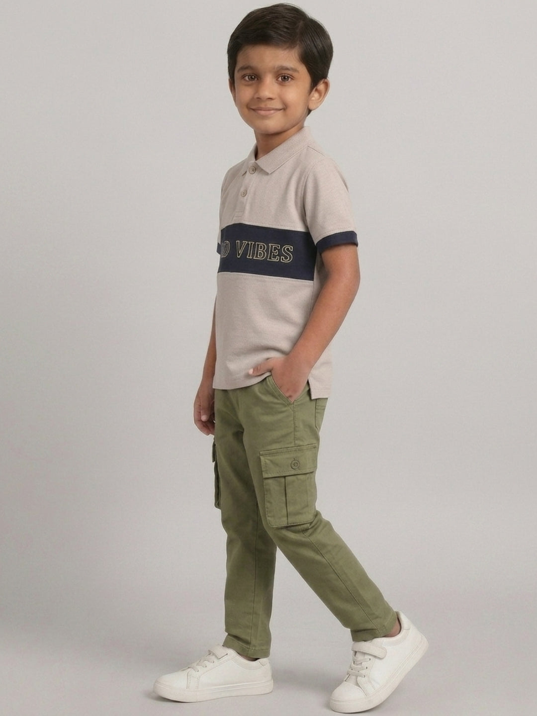 Boys Pure Cotton Peach & Navy Color Pique Polo T Shirt with Good Vibes design Print