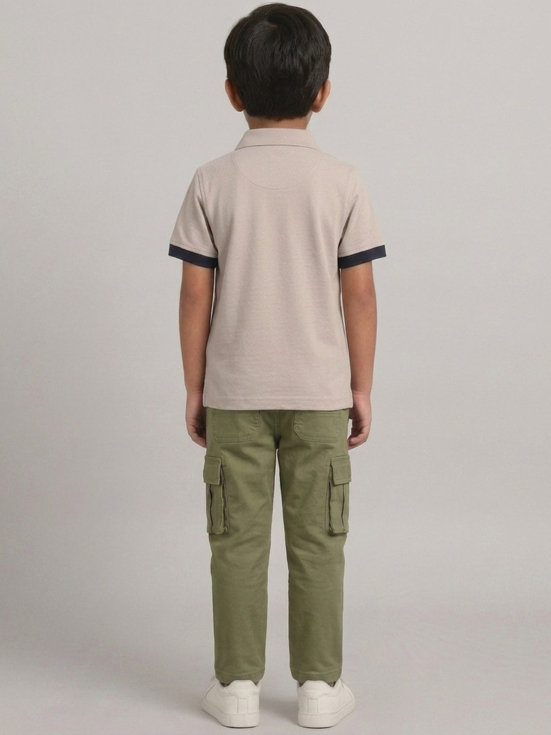 Boys Pure Cotton Peach & Navy Color Pique Polo T Shirt with Good Vibes design Print