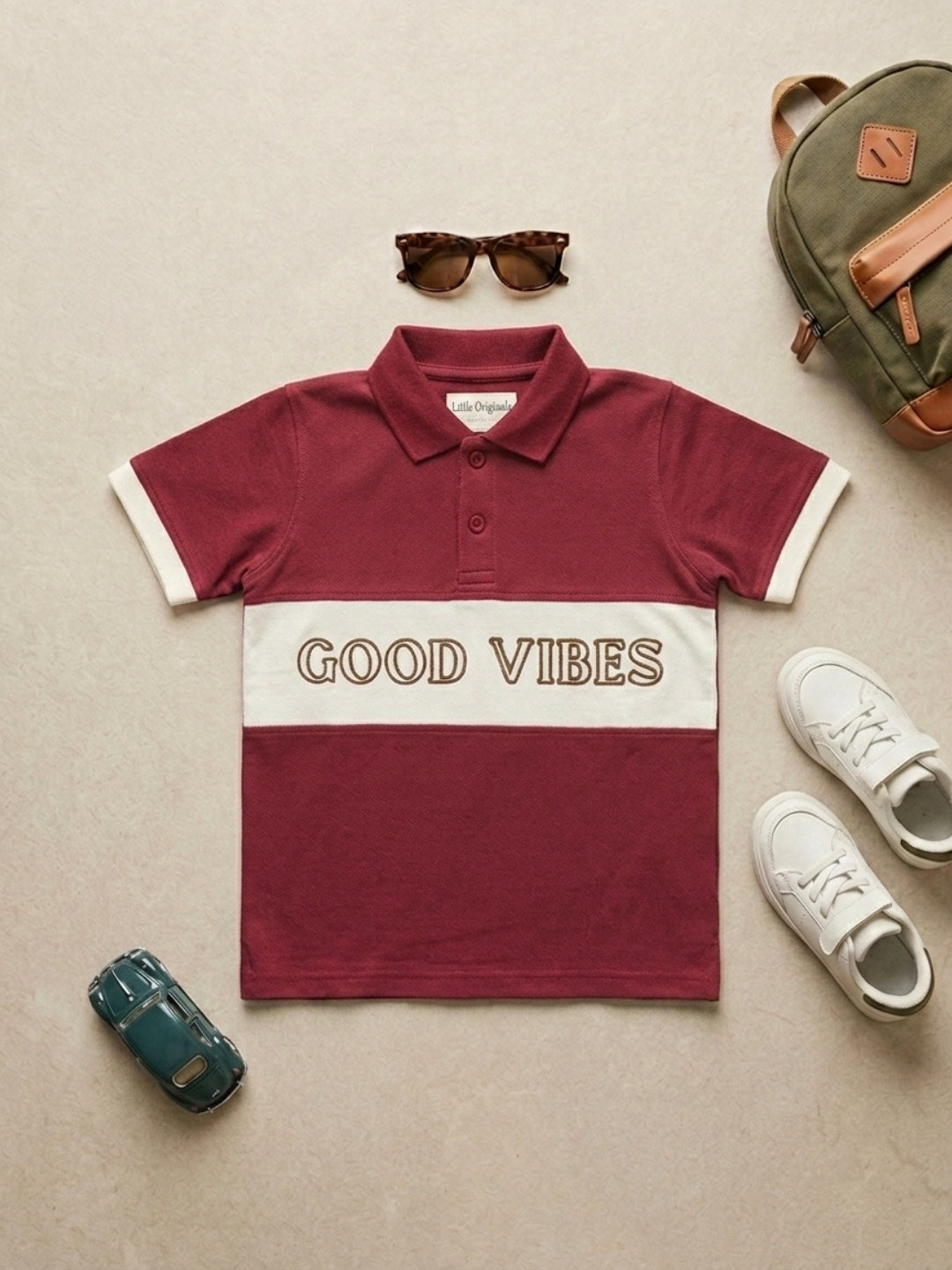 Boys Pure Cotton Maroon & Peach Color Pique Polo T Shirt with Good Vibes design Print