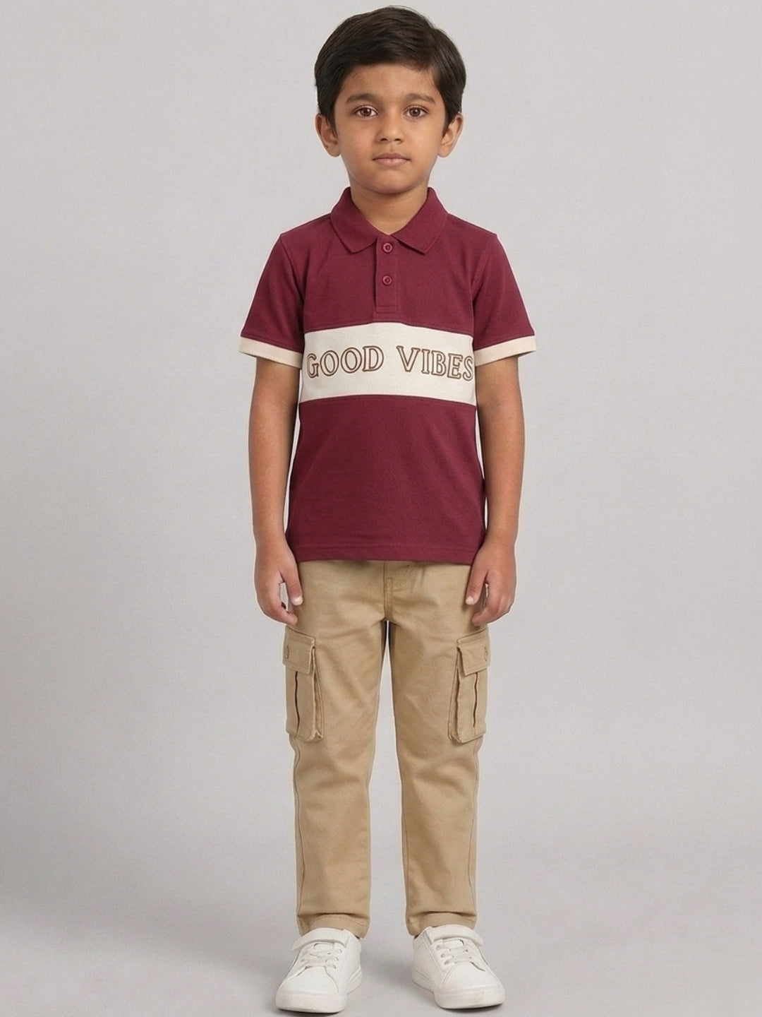Boys Pure Cotton Maroon & Peach Color Pique Polo T Shirt with Good Vibes design Print