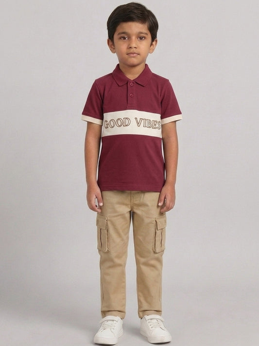 Boys Pure Cotton Maroon & Peach Color Pique Polo T Shirt with Good Vibes design Print