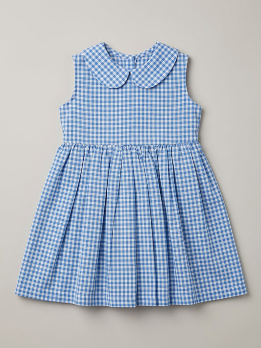 Girls Off White & Blue checked Knee Length Peter Pan Collar Dress
