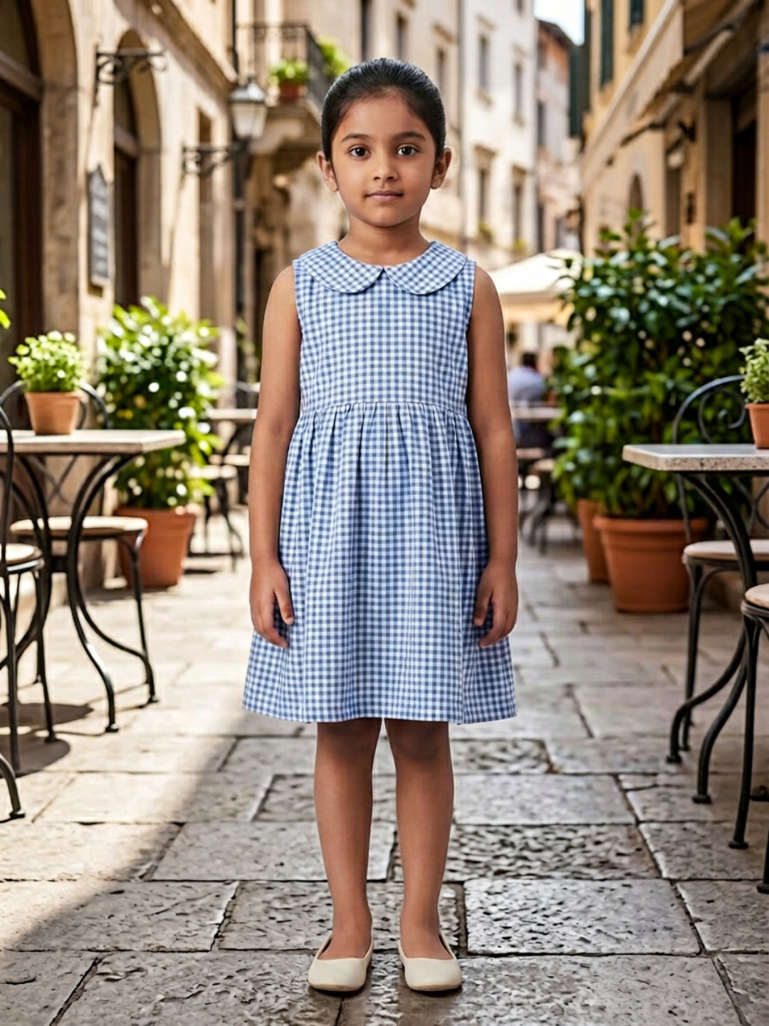 Girls Off White & Blue checked Knee Length Peter Pan Collar Dress