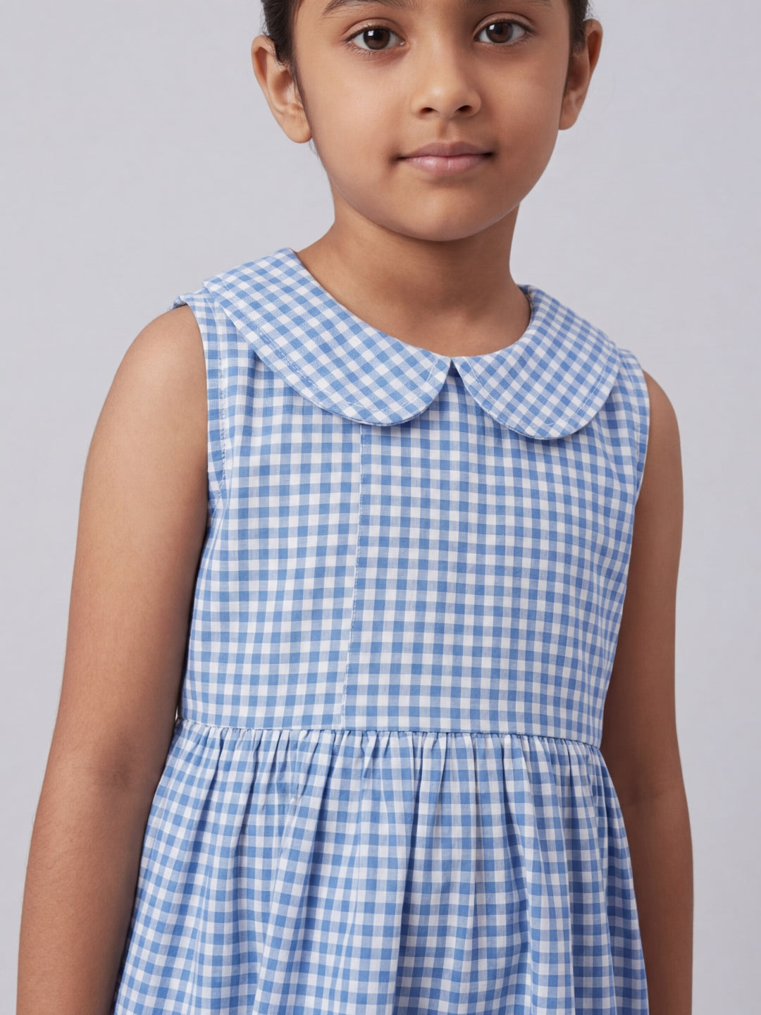 Girls Off White & Blue checked Knee Length Peter Pan Collar Dress
