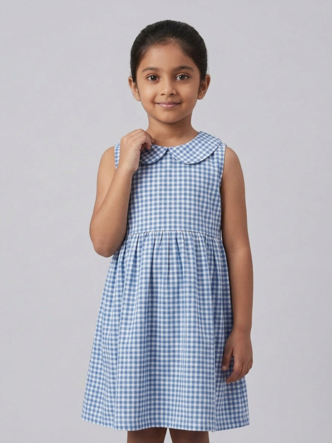Girls Off White & Blue checked Knee Length Peter Pan Collar Dress