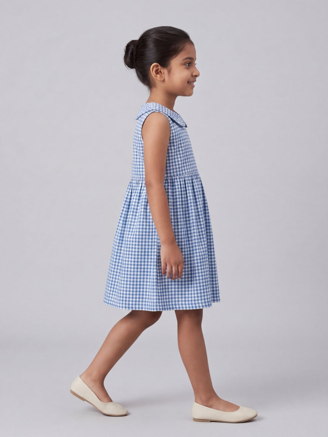 Girls Off White & Blue checked Knee Length Peter Pan Collar Dress