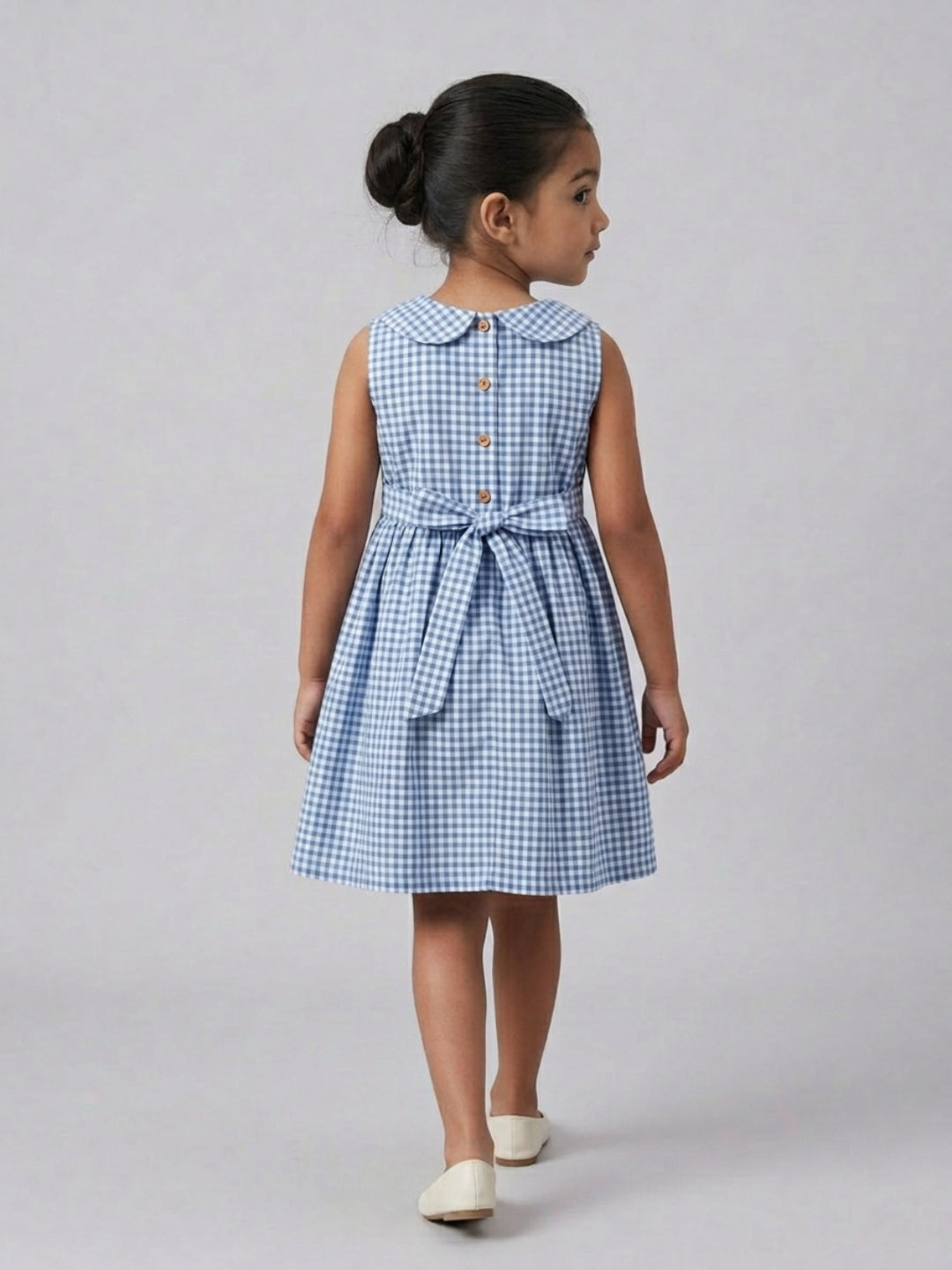 Girls Off White & Blue checked Knee Length Peter Pan Collar Dress