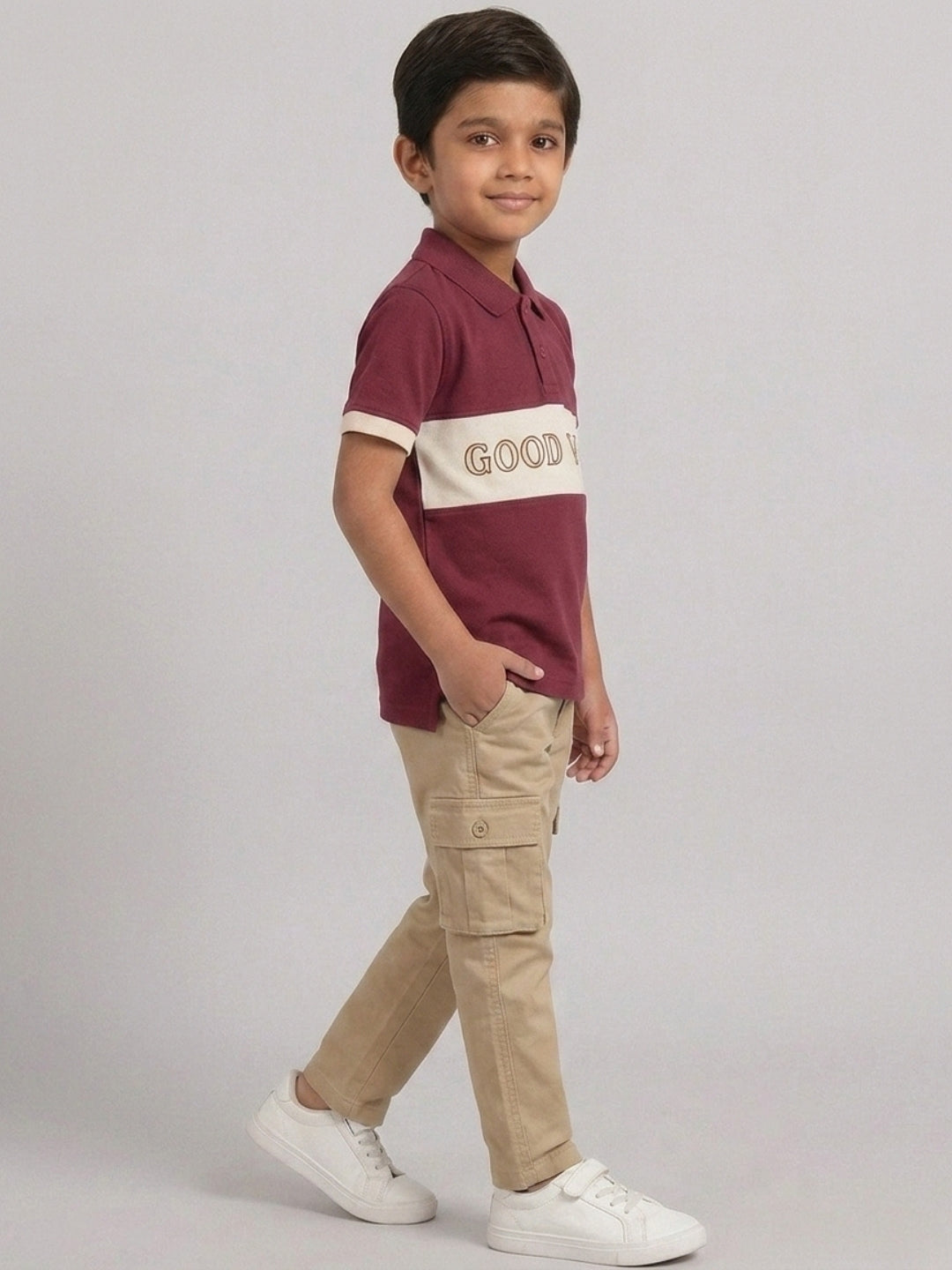 Boys Pure Cotton Maroon & Peach Color Pique Polo T Shirt with Good Vibes design Print