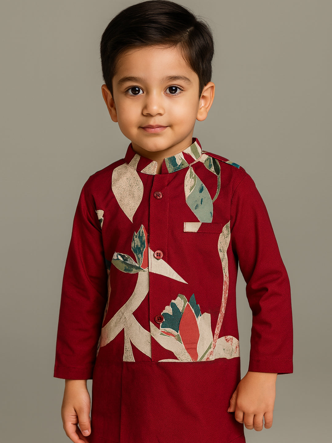 Boys Red Printed Kurta Pyjamas Jacket