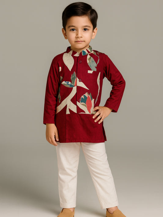 Boys Red Printed Kurta Pyjamas Jacket