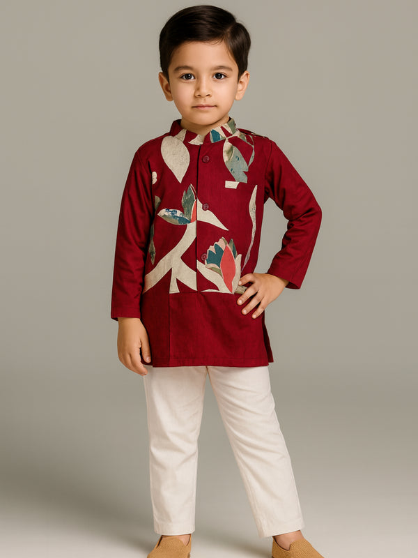 Boys Red Printed Kurta Pyjamas Jacket