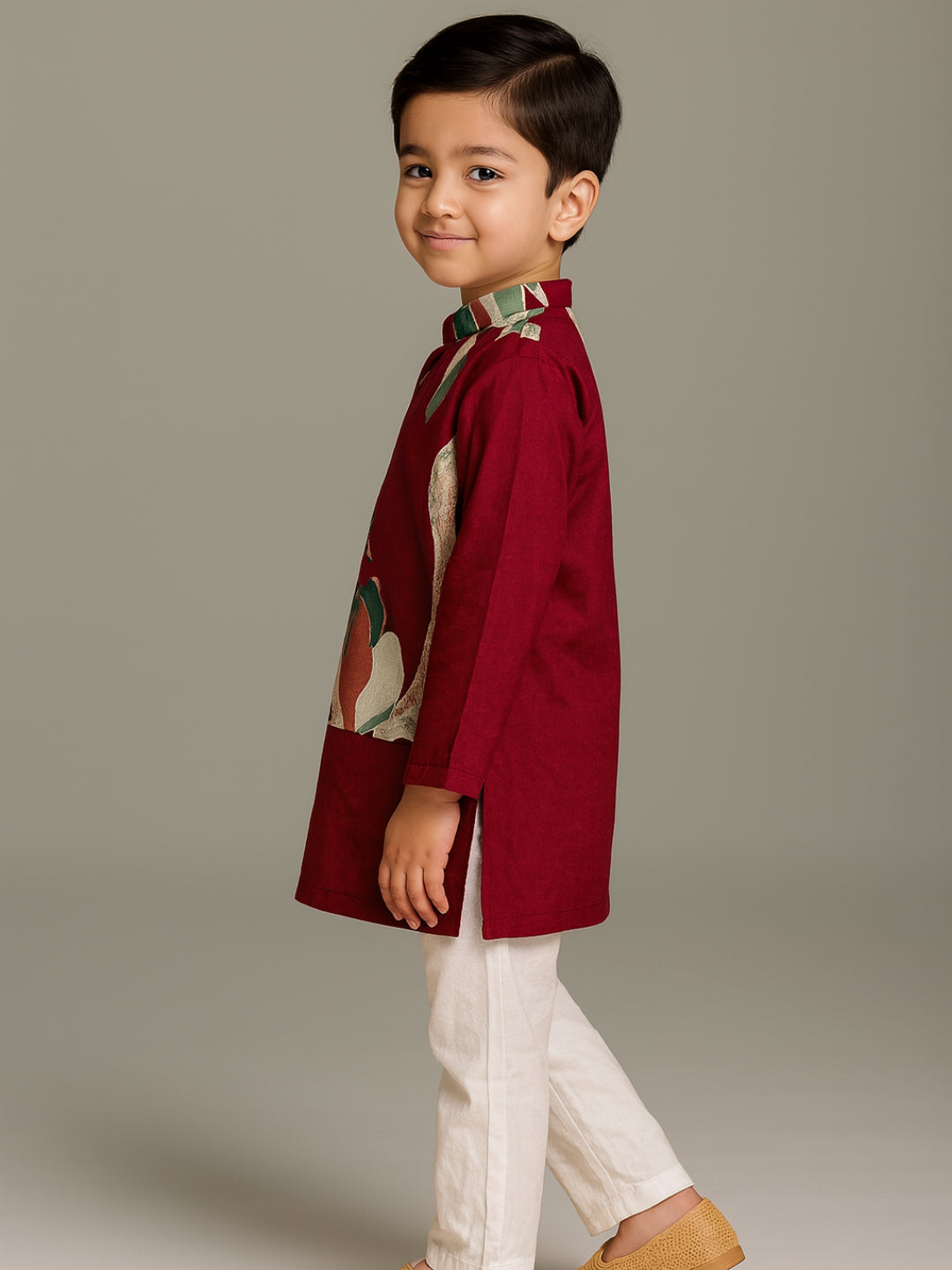 Boys Red Printed Kurta Pyjamas Jacket