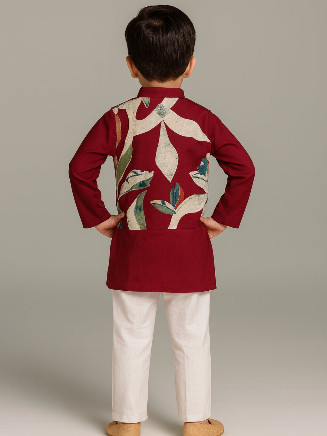 Boys Red Printed Kurta Pyjamas Jacket