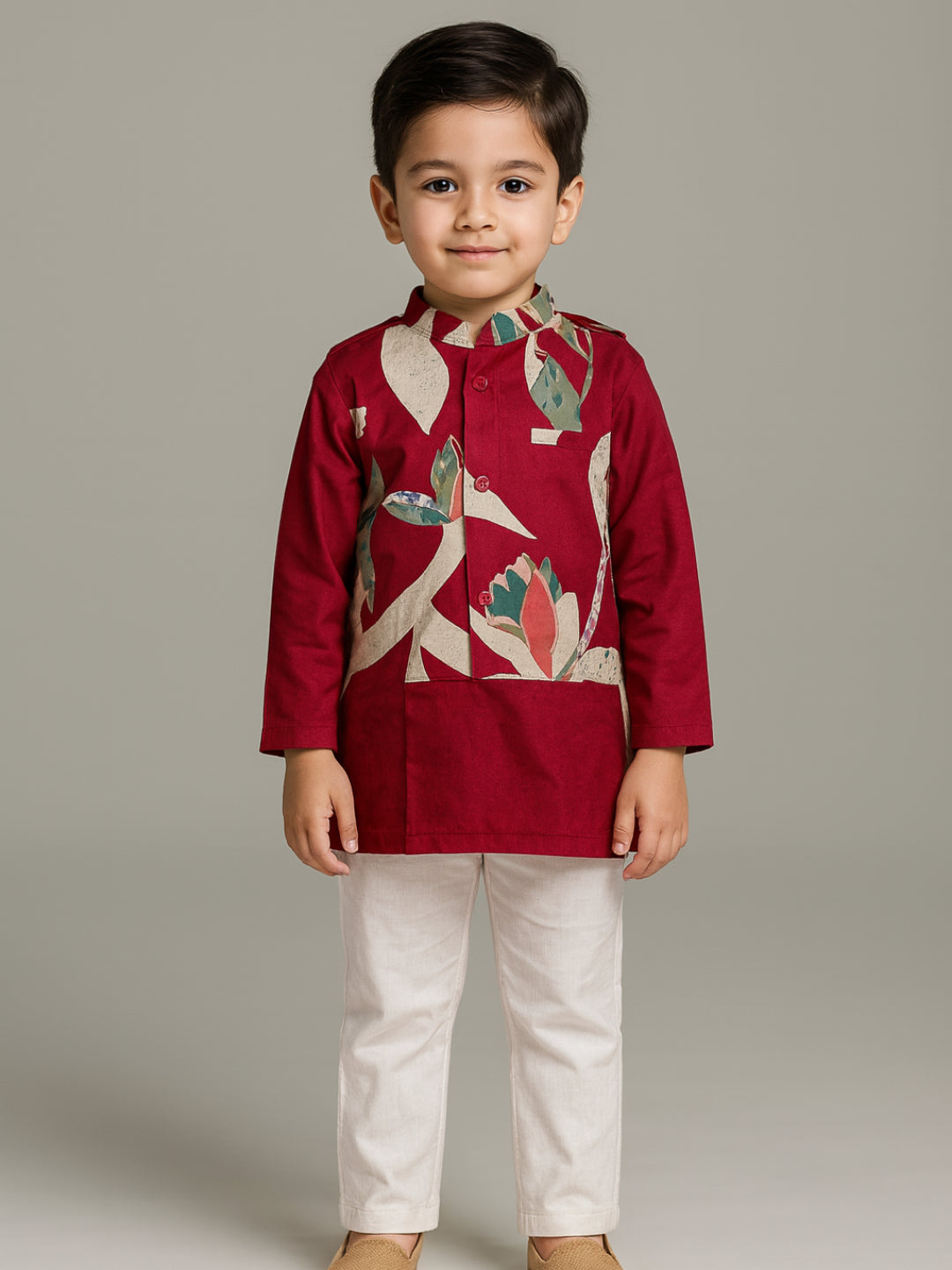 Boys Red Printed Kurta Pyjamas Jacket