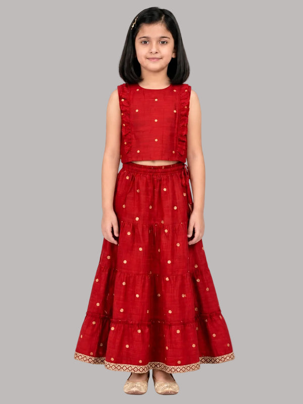 Biglilpeople Girls Round Neck Cotton Silk Sleeveless Lehenga Choli Set