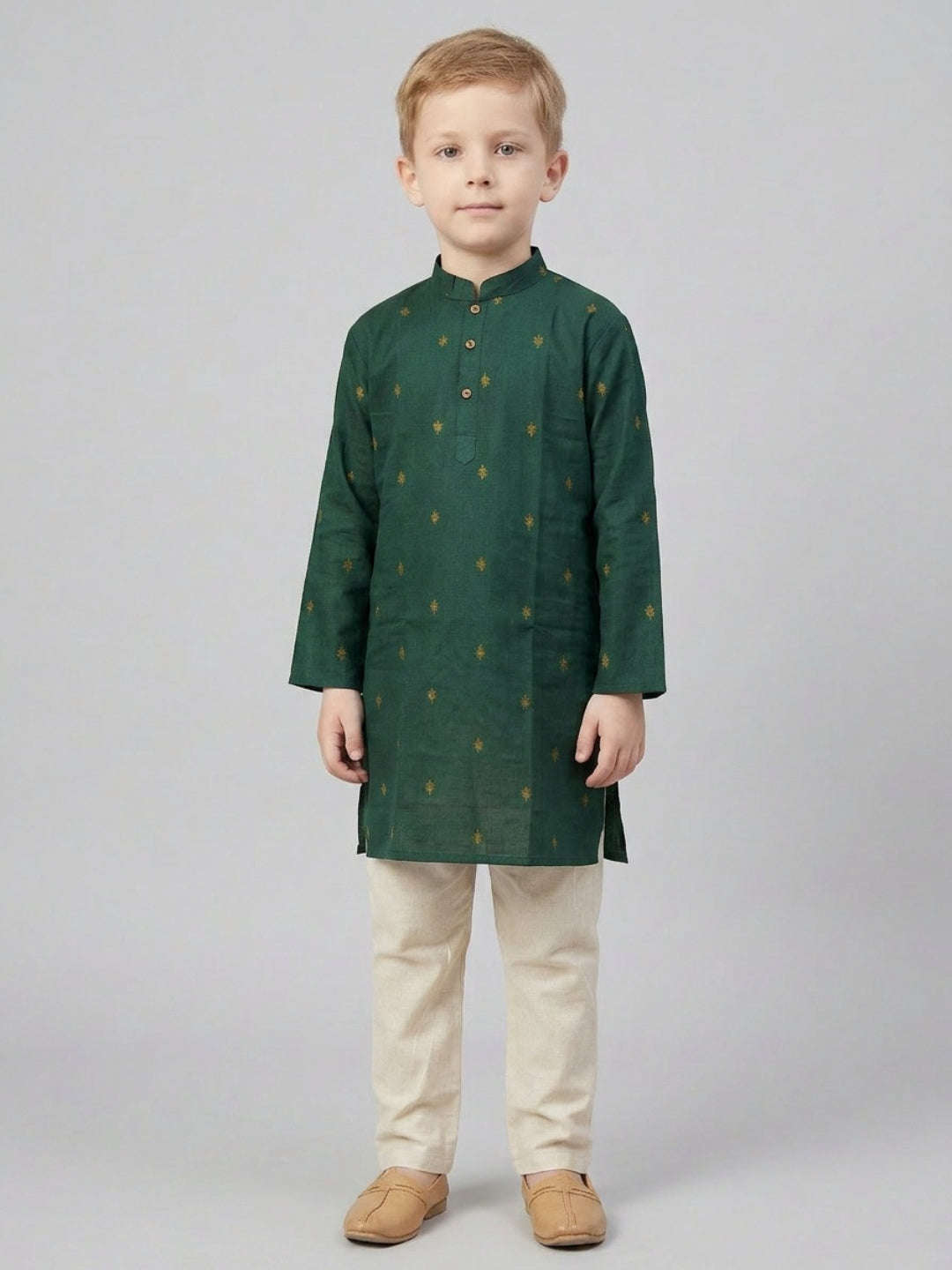 Biglilpeople Boys Green Printed Mandarin Collar Cotton Kurta Set